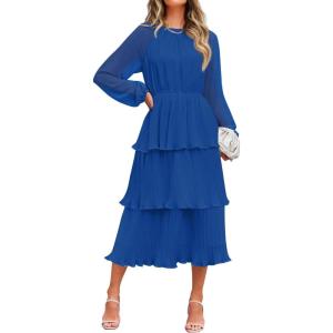 imageZESICA Womens 2025 Long Sleeve Crew Neck Ruffle Tiered Layered Chiffon Flowy Swing 2025 Long Midi DressBlue