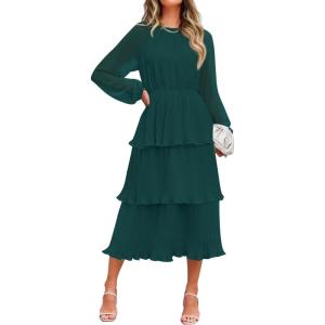 imageZESICA Womens 2025 Long Sleeve Crew Neck Ruffle Tiered Layered Chiffon Flowy Swing 2025 Long Midi DressDarkgreen
