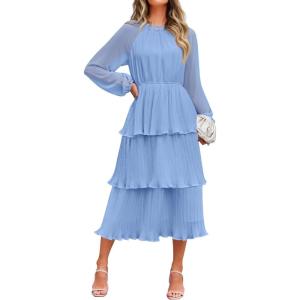 imageZESICA Womens 2025 Long Sleeve Crew Neck Ruffle Tiered Layered Chiffon Flowy Swing 2025 Long Midi DressLightblue