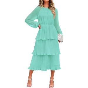 imageZESICA Womens 2025 Long Sleeve Crew Neck Ruffle Tiered Layered Chiffon Flowy Swing 2025 Long Midi DressMint