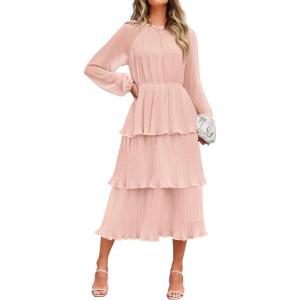 imageZESICA Womens 2025 Long Sleeve Crew Neck Ruffle Tiered Layered Chiffon Flowy Swing 2025 Long Midi DressPink