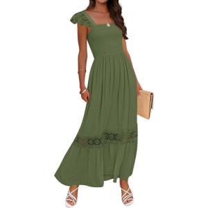 imageZESICA Womens 2025 Summer Lace Strap Sleeveless Square Neck Smocked High Waist Ruffle Hollow Out Flowy A Line Maxi DressArmygreen