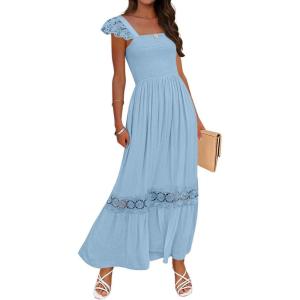 imageZESICA Womens 2025 Summer Lace Strap Sleeveless Square Neck Smocked High Waist Ruffle Hollow Out Flowy A Line Maxi DressLightblue