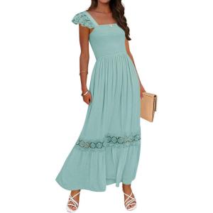 imageZESICA Womens 2025 Summer Lace Strap Sleeveless Square Neck Smocked High Waist Ruffle Hollow Out Flowy A Line Maxi DressLightgreen