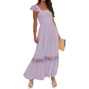 imageZESICA Womens 2025 Summer Lace Strap Sleeveless Square Neck Smocked High Waist Ruffle Hollow Out Flowy A Line Maxi DressLightpurple