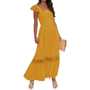 imageZESICA Womens 2025 Summer Lace Strap Sleeveless Square Neck Smocked High Waist Ruffle Hollow Out Flowy A Line Maxi DressMustard