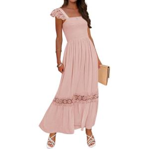 imageZESICA Womens 2025 Summer Lace Strap Sleeveless Square Neck Smocked High Waist Ruffle Hollow Out Flowy A Line Maxi DressPink