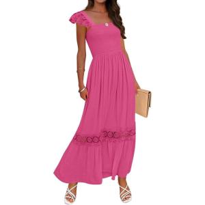 imageZESICA Womens 2025 Summer Lace Strap Sleeveless Square Neck Smocked High Waist Ruffle Hollow Out Flowy A Line Maxi DressRose