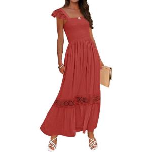 imageZESICA Womens 2025 Summer Lace Strap Sleeveless Square Neck Smocked High Waist Ruffle Hollow Out Flowy A Line Maxi DressRust