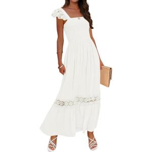 imageZESICA Womens 2025 Summer Lace Strap Sleeveless Square Neck Smocked High Waist Ruffle Hollow Out Flowy A Line Maxi DressWhite