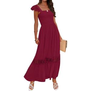 imageZESICA Womens 2025 Summer Lace Strap Sleeveless Square Neck Smocked High Waist Ruffle Hollow Out Flowy A Line Maxi DressWine