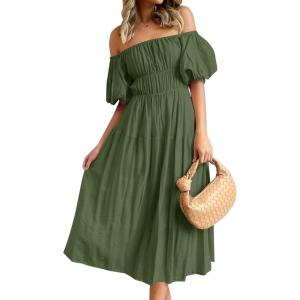 imageZESICA Womens Sexy Boho Off Shoulder Puff Short Sleeve High Waist Ruffled Flowy A Line Beach Party Midi DressArmygreen