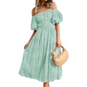 imageZESICA Womens Sexy Boho Off Shoulder Puff Short Sleeve High Waist Ruffled Flowy A Line Beach Party Midi DressGreen