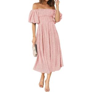 imageZESICA Womens Sexy Boho Off Shoulder Puff Short Sleeve High Waist Ruffled Flowy A Line Beach Party Midi DressLightpink