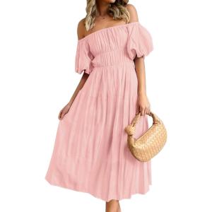 imageZESICA Womens Sexy Boho Off Shoulder Puff Short Sleeve High Waist Ruffled Flowy A Line Beach Party Midi DressPink