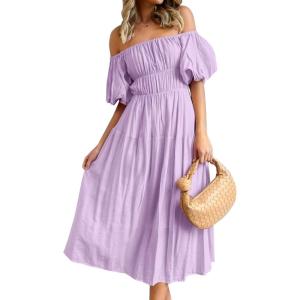 imageZESICA Womens Sexy Boho Off Shoulder Puff Short Sleeve High Waist Ruffled Flowy A Line Beach Party Midi DressPurple