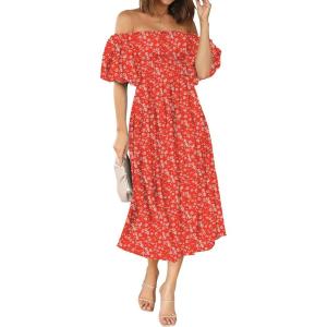 imageZESICA Womens Sexy Boho Off Shoulder Puff Short Sleeve High Waist Ruffled Flowy A Line Beach Party Midi DressRed