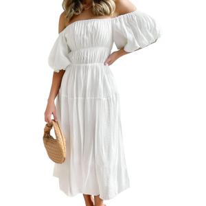 imageZESICA Womens Sexy Boho Off Shoulder Puff Short Sleeve High Waist Ruffled Flowy A Line Beach Party Midi DressWhite