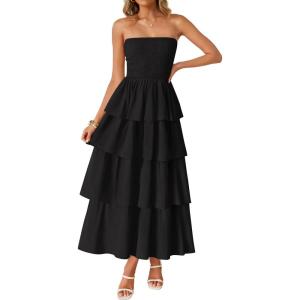 imageZESICA Womens Summer Boho Strapless Maxi Dress 2025 Casual Sleeveless Off Shoulder Smocked Tiered Beach Long SundressBlack