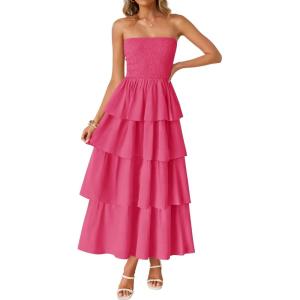 imageZESICA Womens Summer Boho Strapless Maxi Dress 2025 Casual Sleeveless Off Shoulder Smocked Tiered Beach Long SundressHot Pink