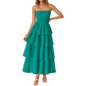 imageZESICA Womens Summer Boho Strapless Maxi Dress 2025 Casual Sleeveless Off Shoulder Smocked Tiered Beach Long SundressPeacock