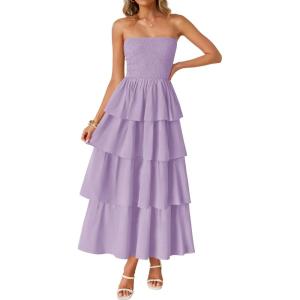 imageZESICA Womens Summer Boho Strapless Maxi Dress 2025 Casual Sleeveless Off Shoulder Smocked Tiered Beach Long SundressPurple