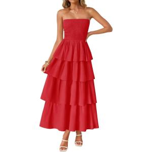 imageZESICA Womens Summer Boho Strapless Maxi Dress 2025 Casual Sleeveless Off Shoulder Smocked Tiered Beach Long SundressRed