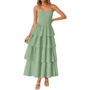imageZESICA Womens Summer Boho Strapless Maxi Dress 2025 Casual Sleeveless Off Shoulder Smocked Tiered Beach Long SundressSage