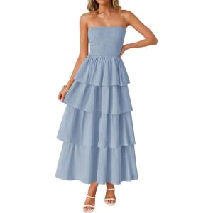 imageZESICA Womens Summer Boho Strapless Maxi Dress 2025 Casual Sleeveless Off Shoulder Smocked Tiered Beach Long SundressSky