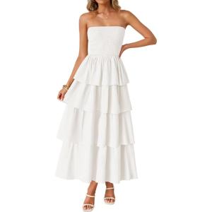 imageZESICA Womens Summer Boho Strapless Maxi Dress 2025 Casual Sleeveless Off Shoulder Smocked Tiered Beach Long SundressWhite