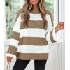 imageZESICA Womens Fall Long Sleeve Crew Neck Striped Color Block Comfy Loose Oversized Knitted Pullover SweaterLightkhaki