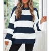 imageZESICA Womens Fall Long Sleeve Crew Neck Striped Color Block Comfy Loose Oversized Knitted Pullover SweaterNavy