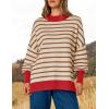 imageZESICA Womens Striped Sweaters Casual Long Sleeve Mock Neck Contrast Color Comfy Loose Knit Pullover TopsBrown