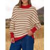 imageZESICA Womens Striped Sweaters Casual Long Sleeve Mock Neck Contrast Color Comfy Loose Knit Pullover TopsBrown