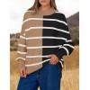 imageZESICA Womens Striped Sweaters Casual Long Sleeve Mock Neck Contrast Color Comfy Loose Knit Pullover TopsKhaki