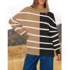 imageZESICA Womens Striped Sweaters Casual Long Sleeve Mock Neck Contrast Color Comfy Loose Knit Pullover TopsKhaki