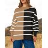 imageZESICA Womens Striped Sweaters Casual Long Sleeve Mock Neck Contrast Color Comfy Loose Knit Pullover TopsKhaki