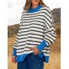 imageZESICA Womens Striped Sweaters Casual Long Sleeve Mock Neck Contrast Color Comfy Loose Knit Pullover TopsWhite