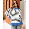 imageZESICA Womens Striped Sweaters Casual Long Sleeve Mock Neck Contrast Color Comfy Loose Knit Pullover TopsWhite