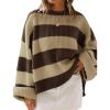 imageZESICA Womens Fall Long Sleeve Crew Neck Striped Color Block Comfy Loose Oversized Knitted Pullover SweaterBrown