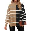 imageZESICA Womens Striped Sweaters Casual Long Sleeve Mock Neck Contrast Color Comfy Loose Knit Pullover TopsKhaki
