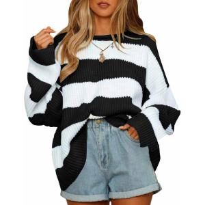 imageZESICA Womens Fall Long Sleeve Crew Neck Striped Color Block Comfy Loose Oversized Knitted Pullover SweaterBlackstriped