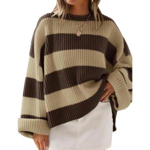 imageZESICA Womens Fall Long Sleeve Crew Neck Striped Color Block Comfy Loose Oversized Knitted Pullover SweaterBrown