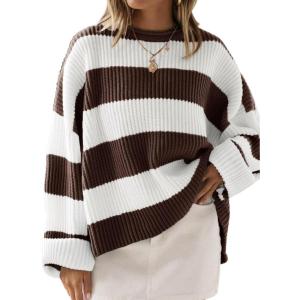 imageZESICA Womens Fall Long Sleeve Crew Neck Striped Color Block Comfy Loose Oversized Knitted Pullover SweaterCoffee