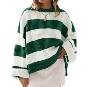 imageZESICA Womens Fall Long Sleeve Crew Neck Striped Color Block Comfy Loose Oversized Knitted Pullover SweaterForestgreen