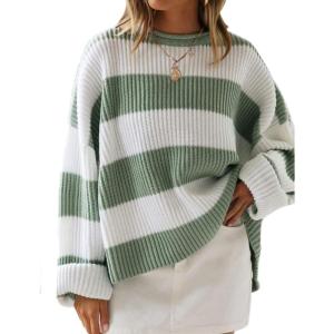 imageZESICA Womens Fall Long Sleeve Crew Neck Striped Color Block Comfy Loose Oversized Knitted Pullover SweaterGreen