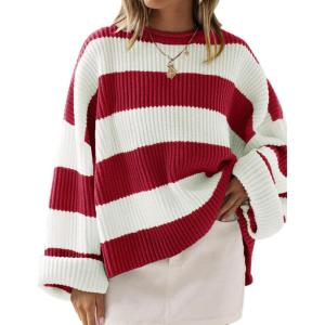 imageZESICA Womens Fall Long Sleeve Crew Neck Striped Color Block Comfy Loose Oversized Knitted Pullover SweaterRed