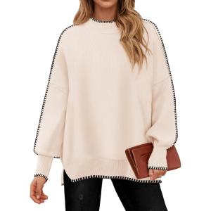 imageZESICA Womens Striped Sweaters Casual Long Sleeve Mock Neck Contrast Color Comfy Loose Knit Pullover TopsApricot