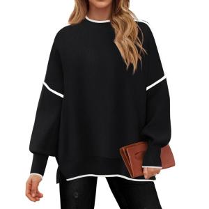 imageZESICA Womens Striped Sweaters Casual Long Sleeve Mock Neck Contrast Color Comfy Loose Knit Pullover TopsBlack