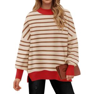 imageZESICA Womens Striped Sweaters Casual Long Sleeve Mock Neck Contrast Color Comfy Loose Knit Pullover TopsBrown